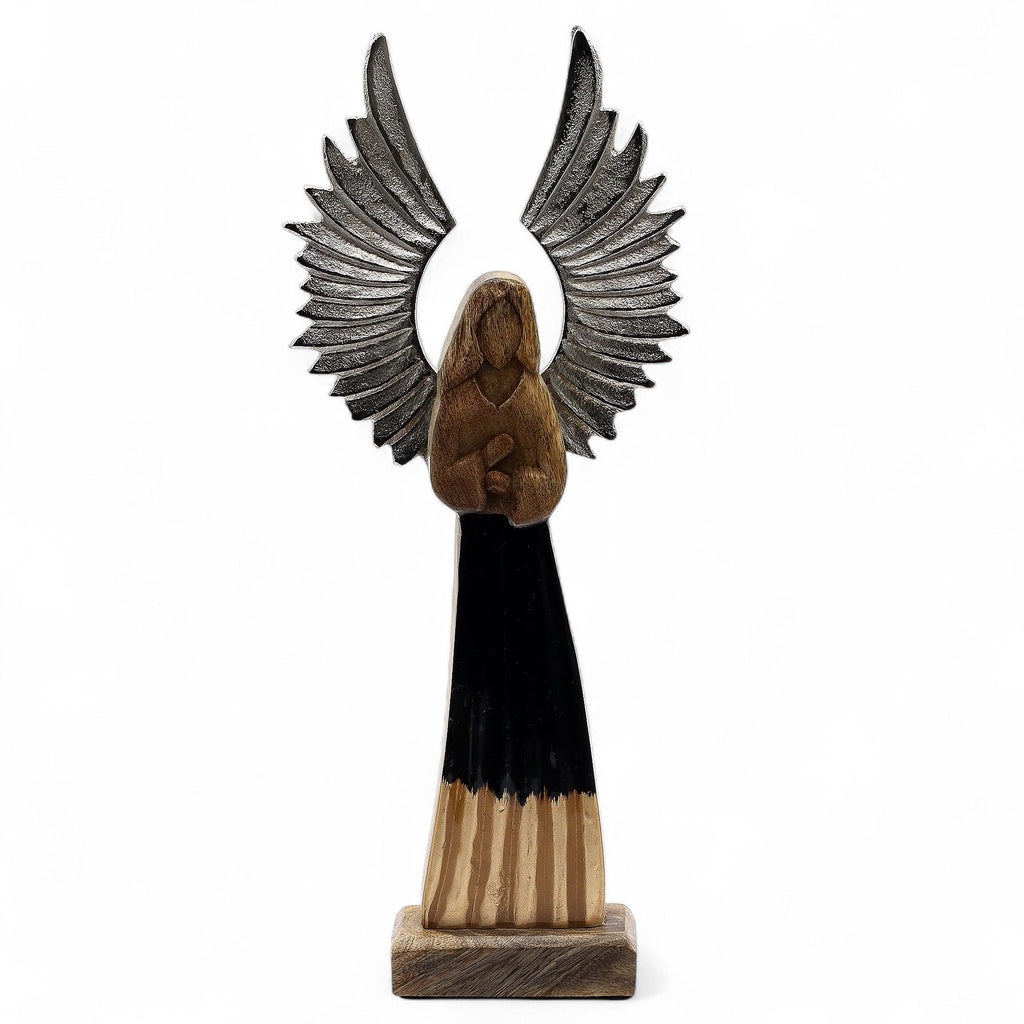 * Grand ange gardien en bois de manguier 40 cm – Ailes en métal et émail noir