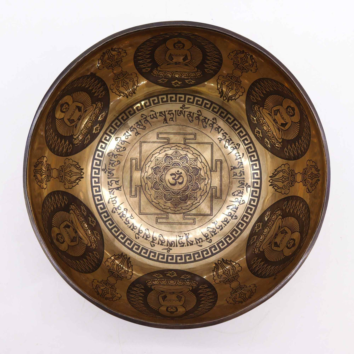 * Bol chantant tibétain gravé Om et Bouddha, 21 cm