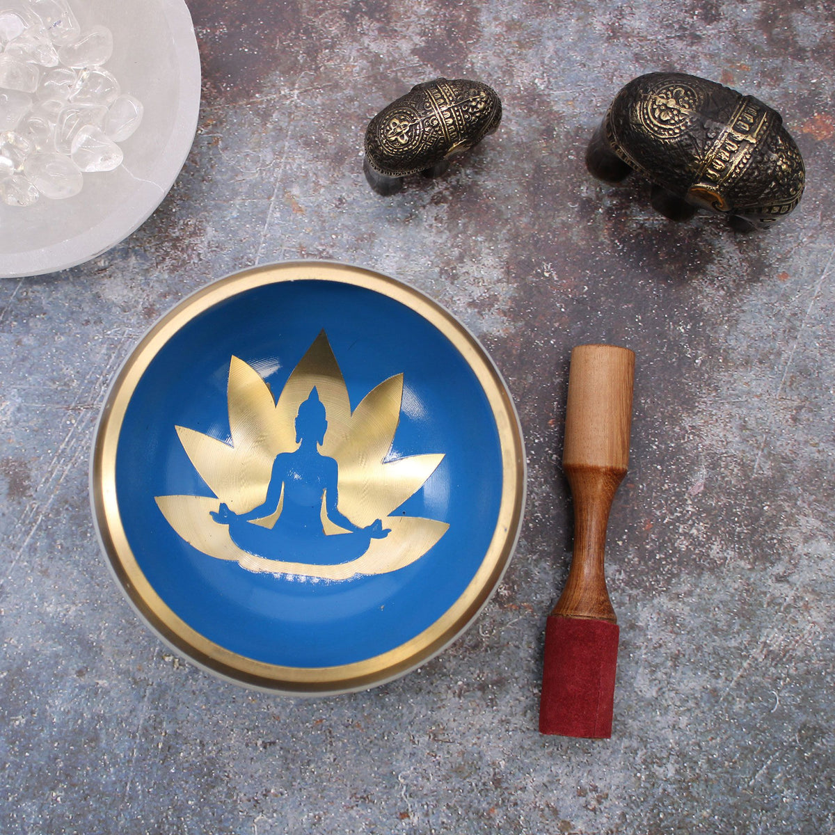 * Grand coffret de bol chantant blanc et bleu aux postures de yoga, 14 cm