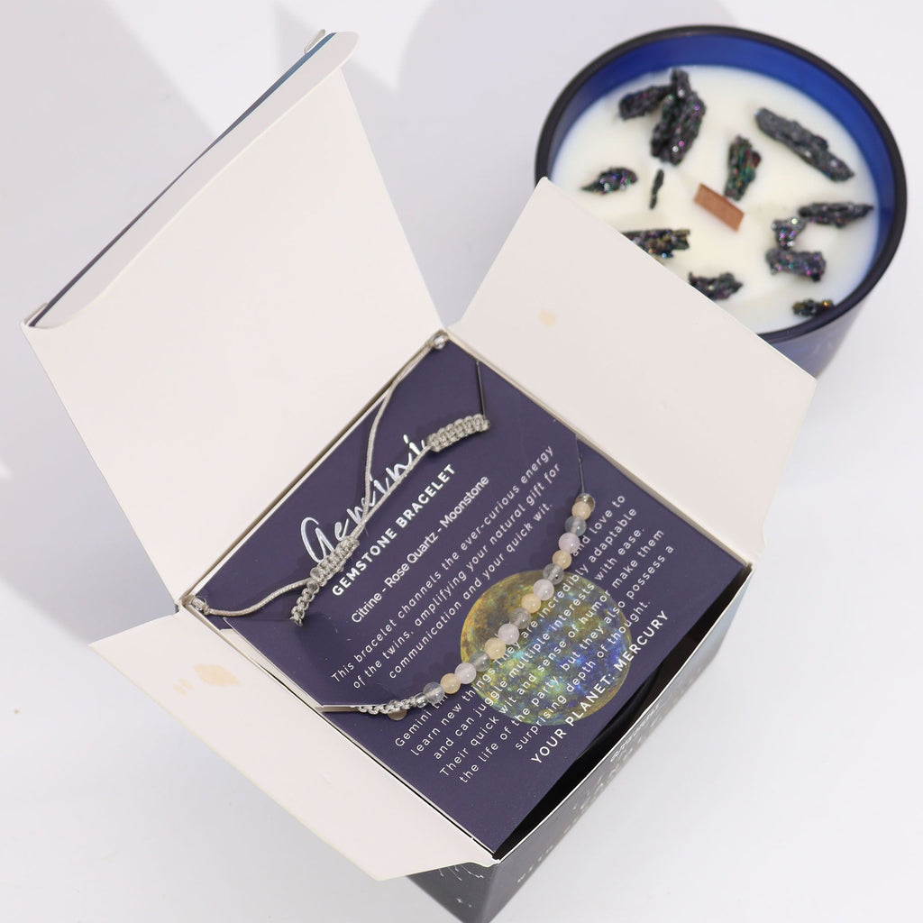 * Bougie Cristal Zodiaque avec Bracelet en Pierres Précieuses – Gémeaux