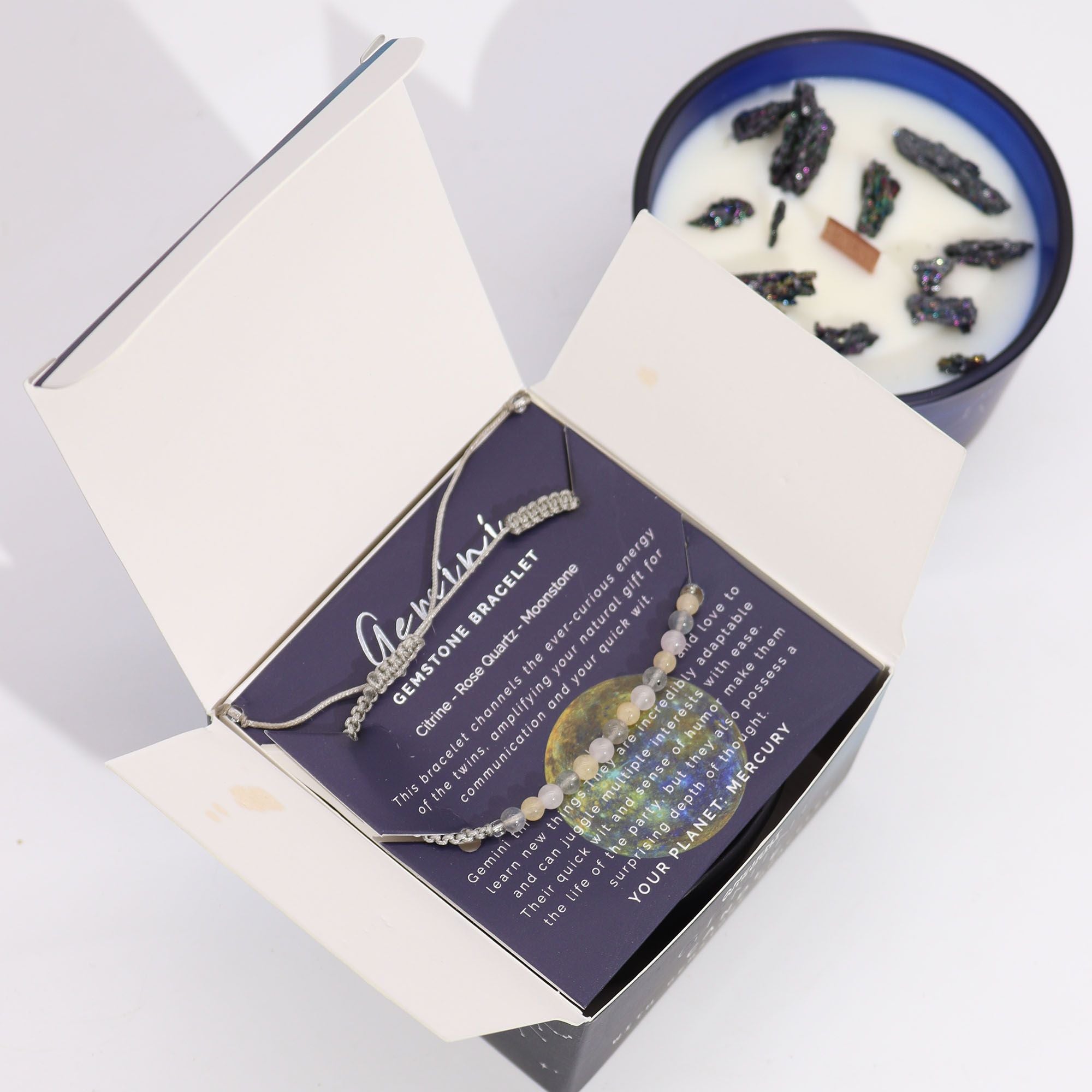 * Bougie Cristal Zodiaque avec Bracelet en Pierres Précieuses – Gémeaux