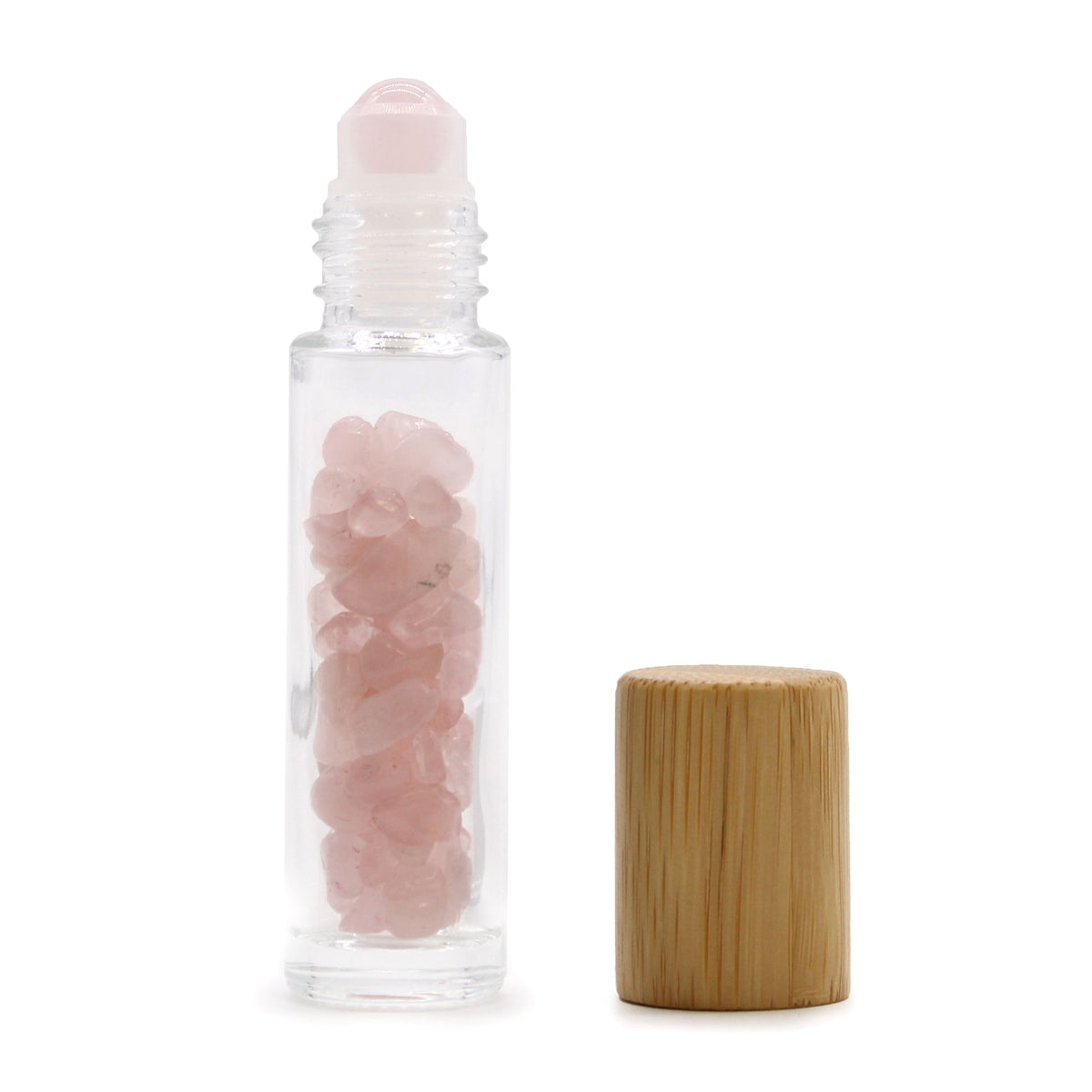 Flacon roll-on 5 ml pour huiles essentielles en quartz rose, bouchon en bois et bille en pierre