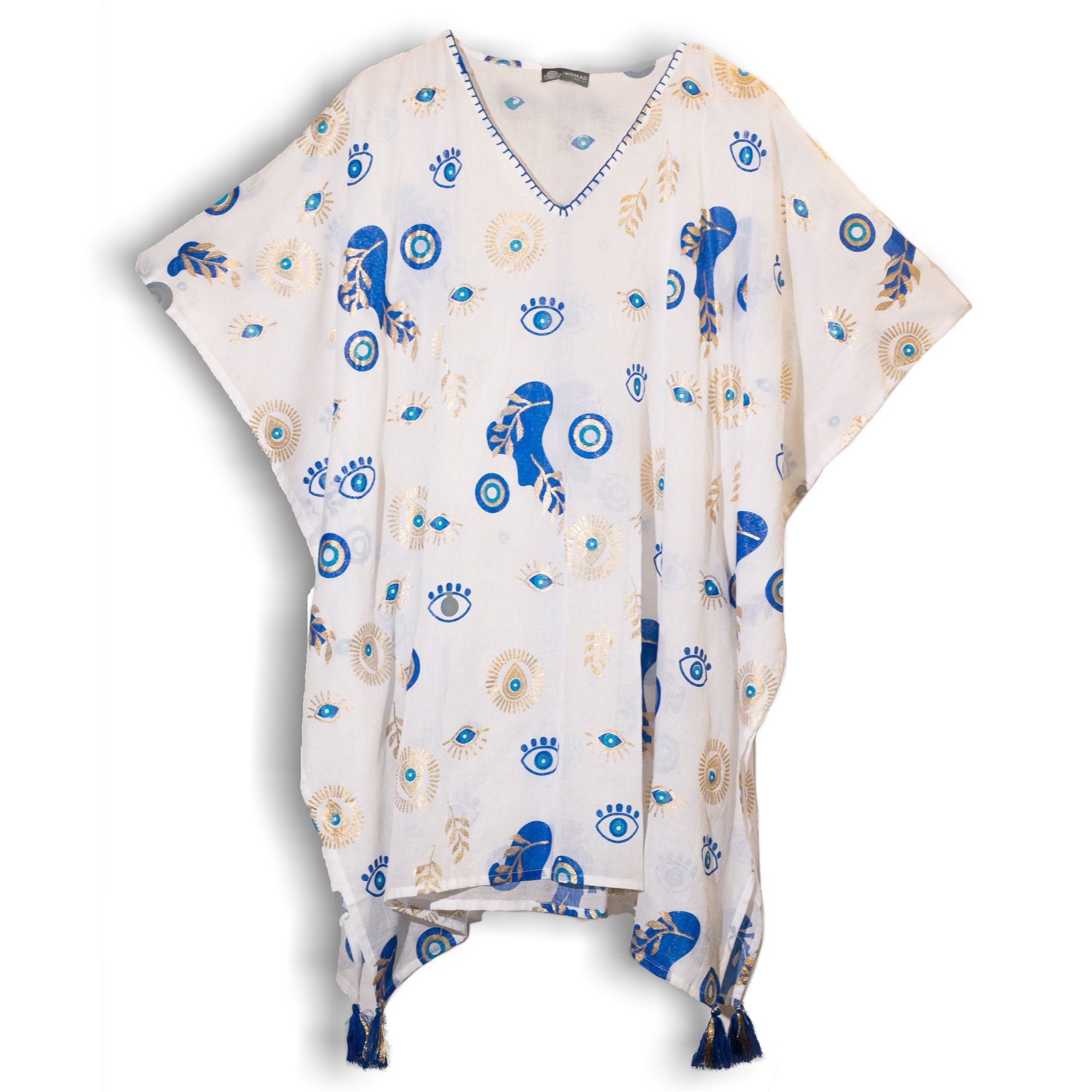 Kaftan Femme Blanc, Bleu & Or Mauvais Œil – Collection Nomad Sari Méditerranée