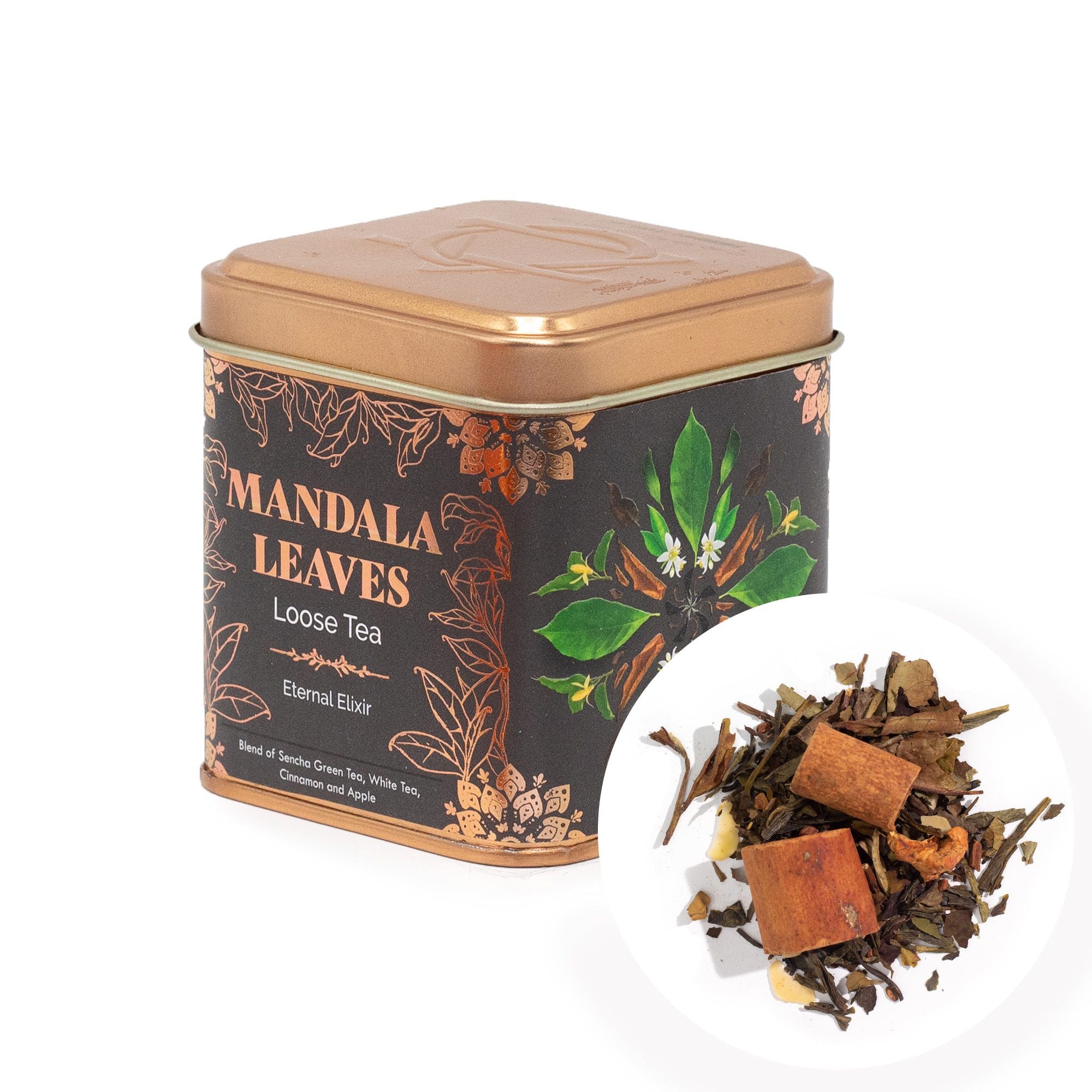 Thé Élixir Éternel 50g – Mélange Thé Vert & Blanc Cannelle Pomme Amande | Boîte Métallique