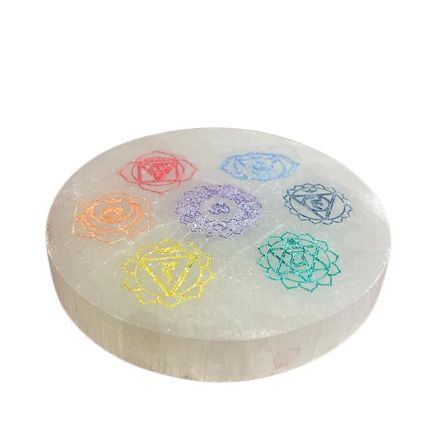 Petite plaque de rechargement en sélénite motif chakras coloré, 8 cm