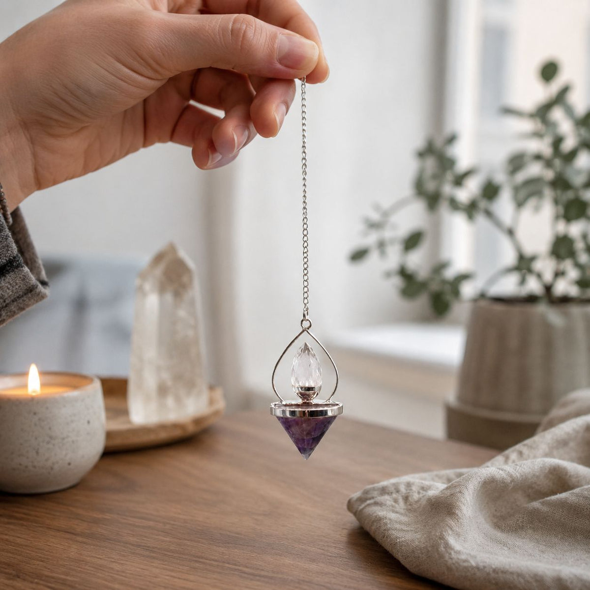 Pendule Lanterne de Vie en pierres naturelles – Améthyste et cristal de roche