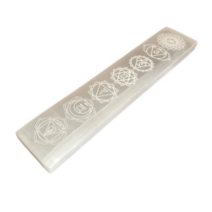 Plaque de rechargement plate en sélénite motif chakras, 20 cm