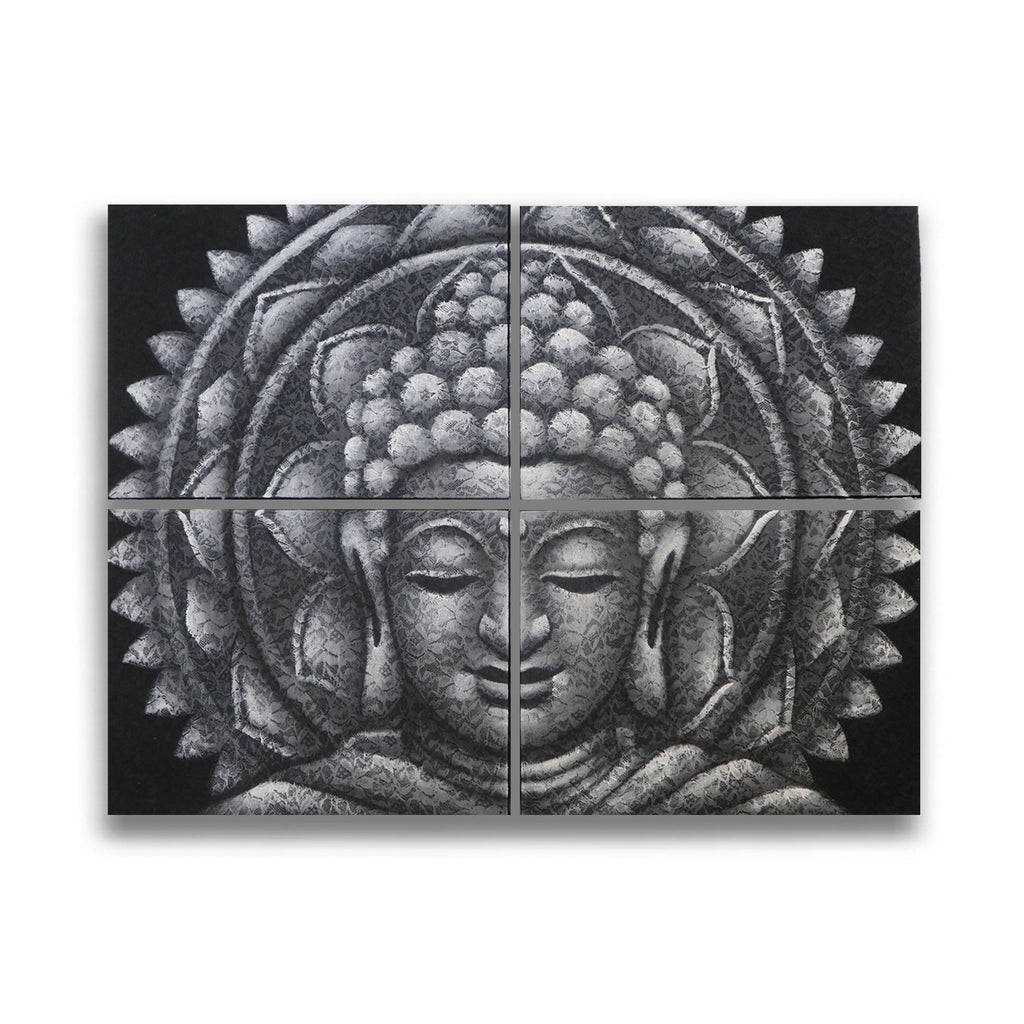 * Tableaux Bouddha gris et mandala avec détails de brocart, 30 × 40 cm × 4