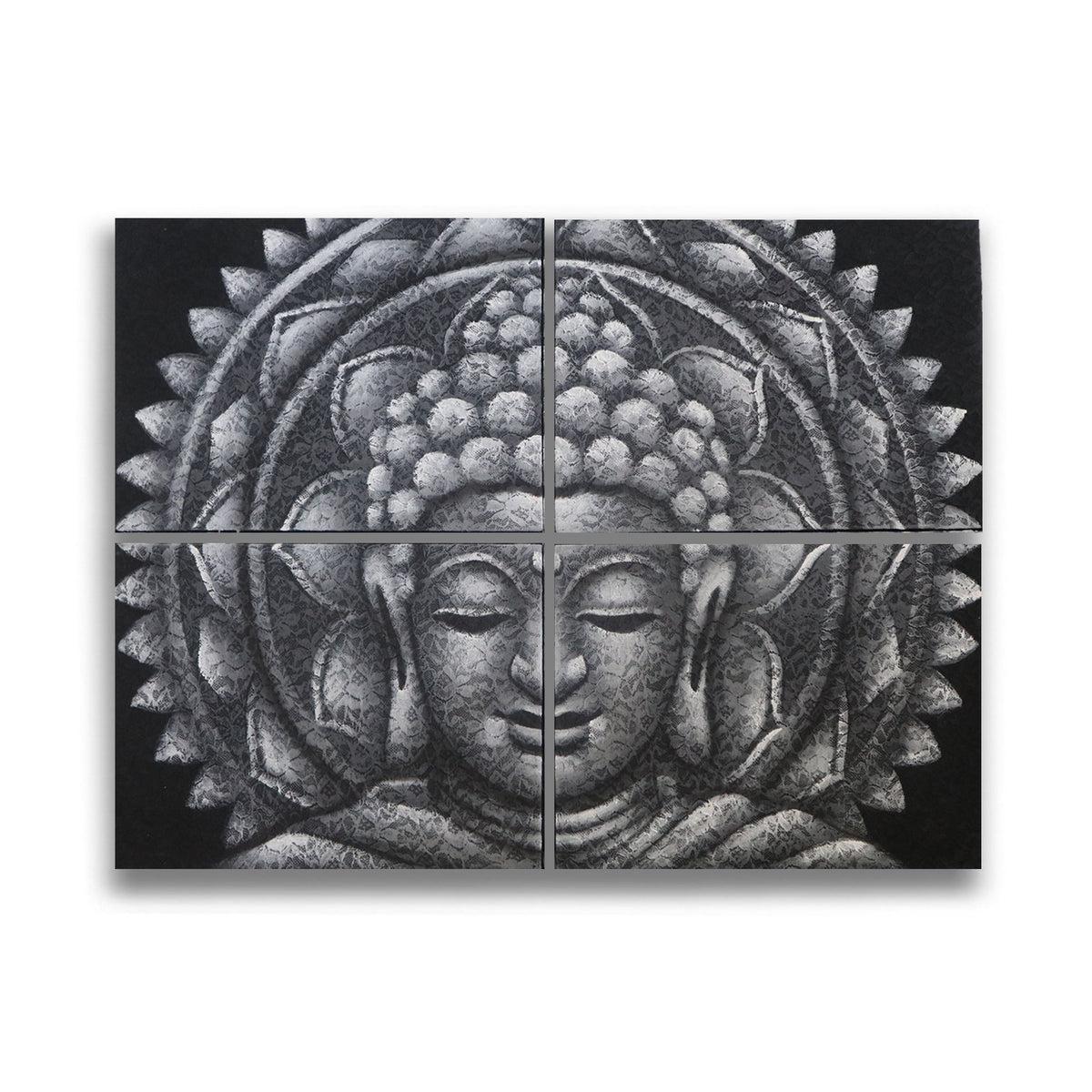 * Tableaux Bouddha gris et mandala avec détails de brocart, 30 × 40 cm × 4