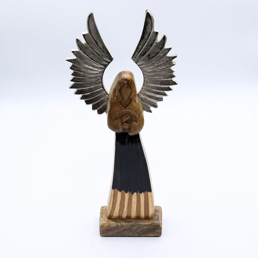* Grand ange gardien en bois de manguier 40 cm – Ailes en métal et émail noir