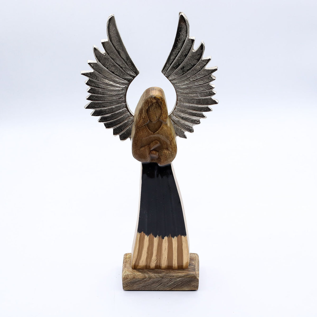 * Grand ange gardien en bois de manguier 40 cm – Ailes en métal et émail noir