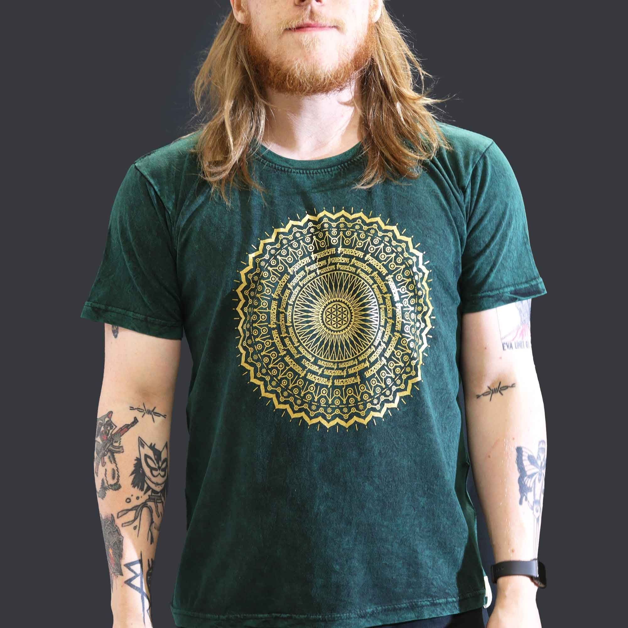 * T-Shirt en Coton Délavé Nomad Sari – Mandala – Vert – L