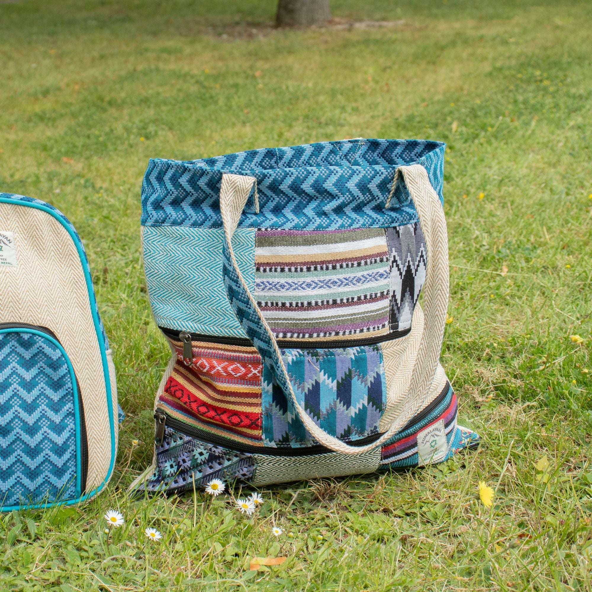 Tote Bag Patchwork Katmandou – Motif Dhaka Tissé Main | 37x38cm | Artisanal Népal