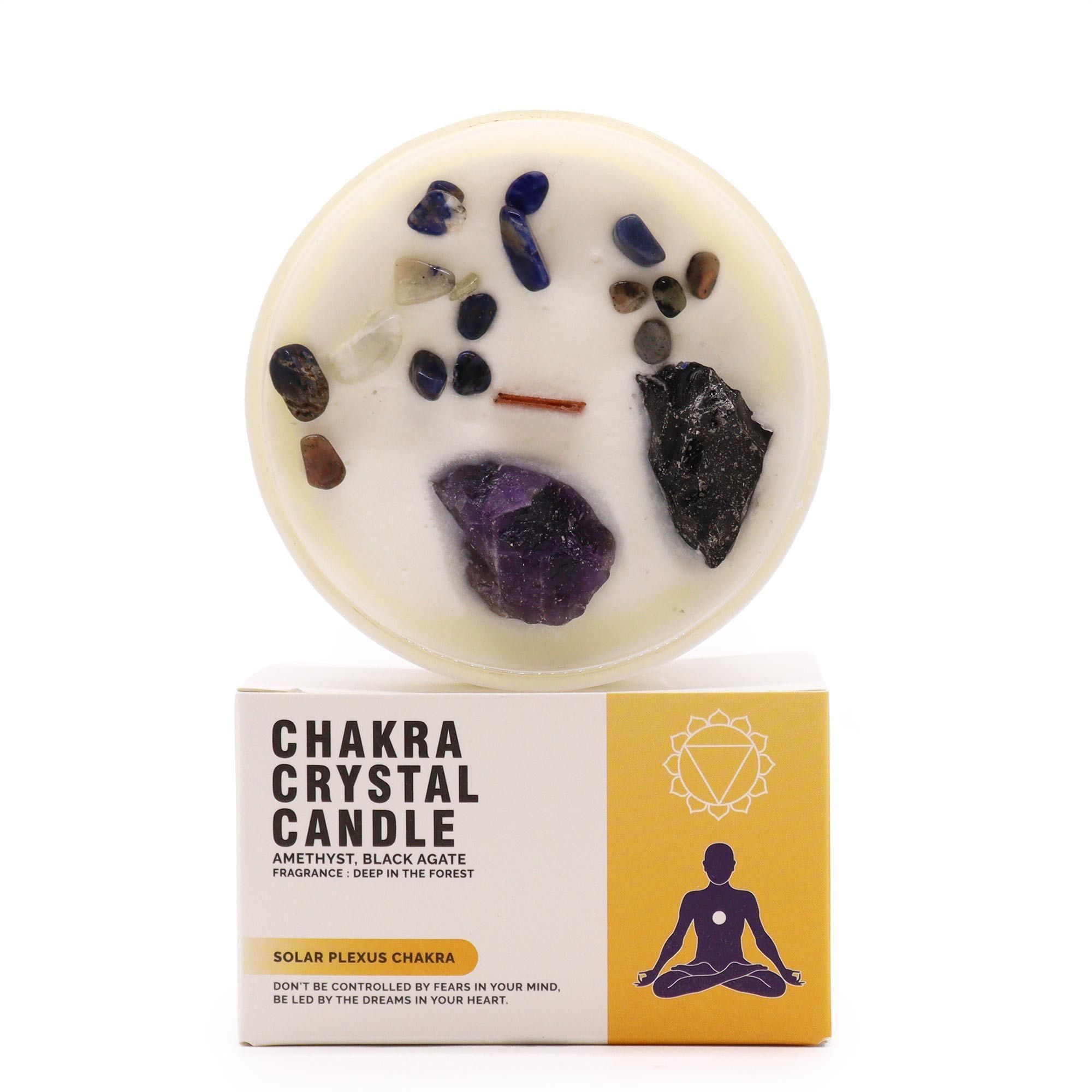Bougie Cristal Chakra du Plexus Solaire – Améthyste & Agate Noire