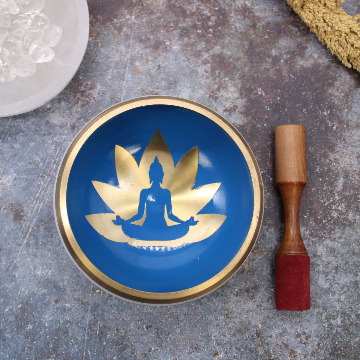 * Grand coffret de bol chantant blanc et bleu aux postures de yoga, 14 cm