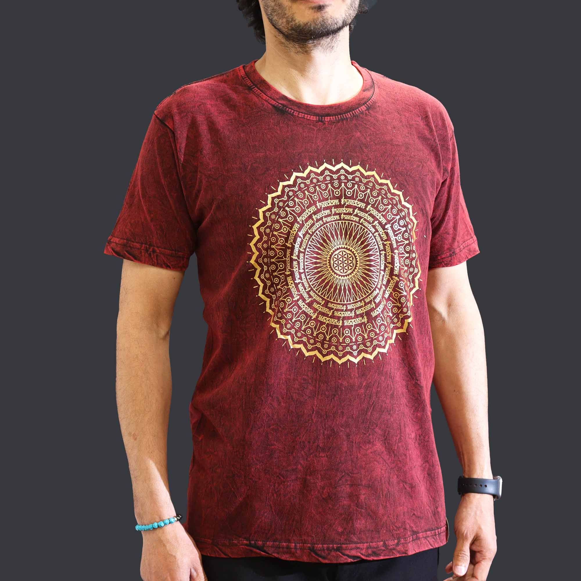 * T-Shirt en Coton Délavé Nomad Sari – Mandala – Bordeaux – M