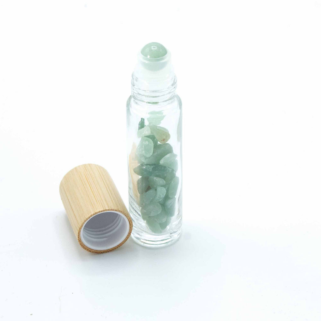 * Flacon roll-on pour huiles essentielles en aventurine – 5 ml, bouchon en bois et bille en aventurine