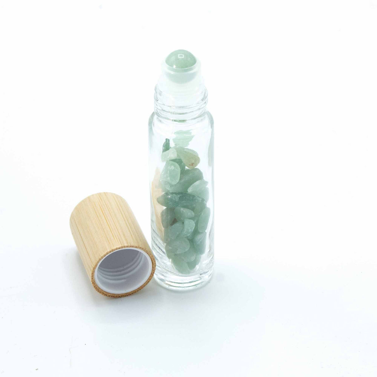 * Flacon roll-on pour huiles essentielles en aventurine – 5 ml, bouchon en bois et bille en aventurine