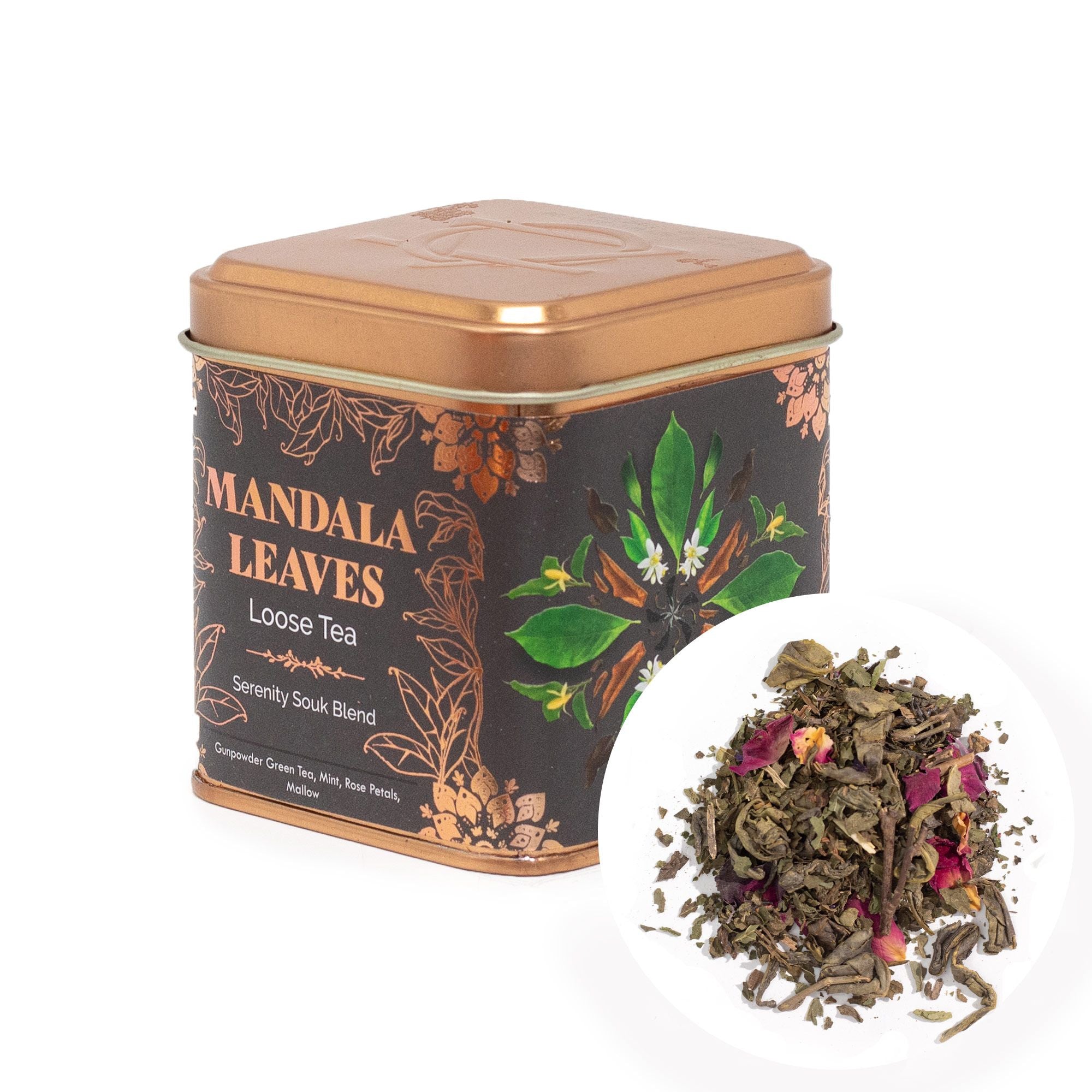 Thé Sérénité Souk 50g – Thé Vert Gunpowder Menthe Rose Mauve | Boîte Métallique