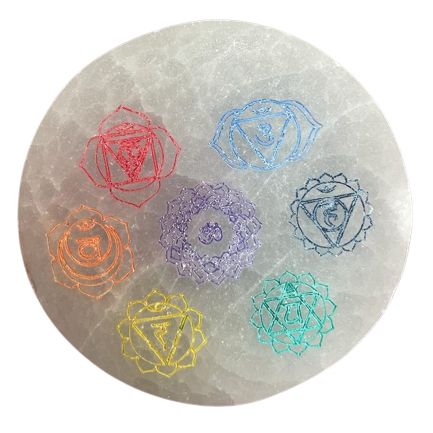 Petite plaque de rechargement en sélénite motif chakras coloré, 8 cm