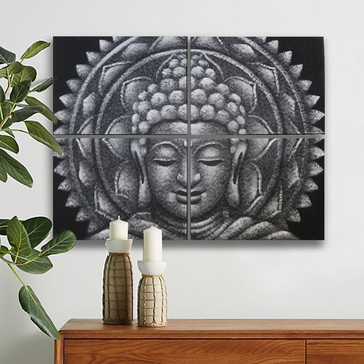 * Tableaux Bouddha gris et mandala avec détails de brocart, 30 × 40 cm × 4