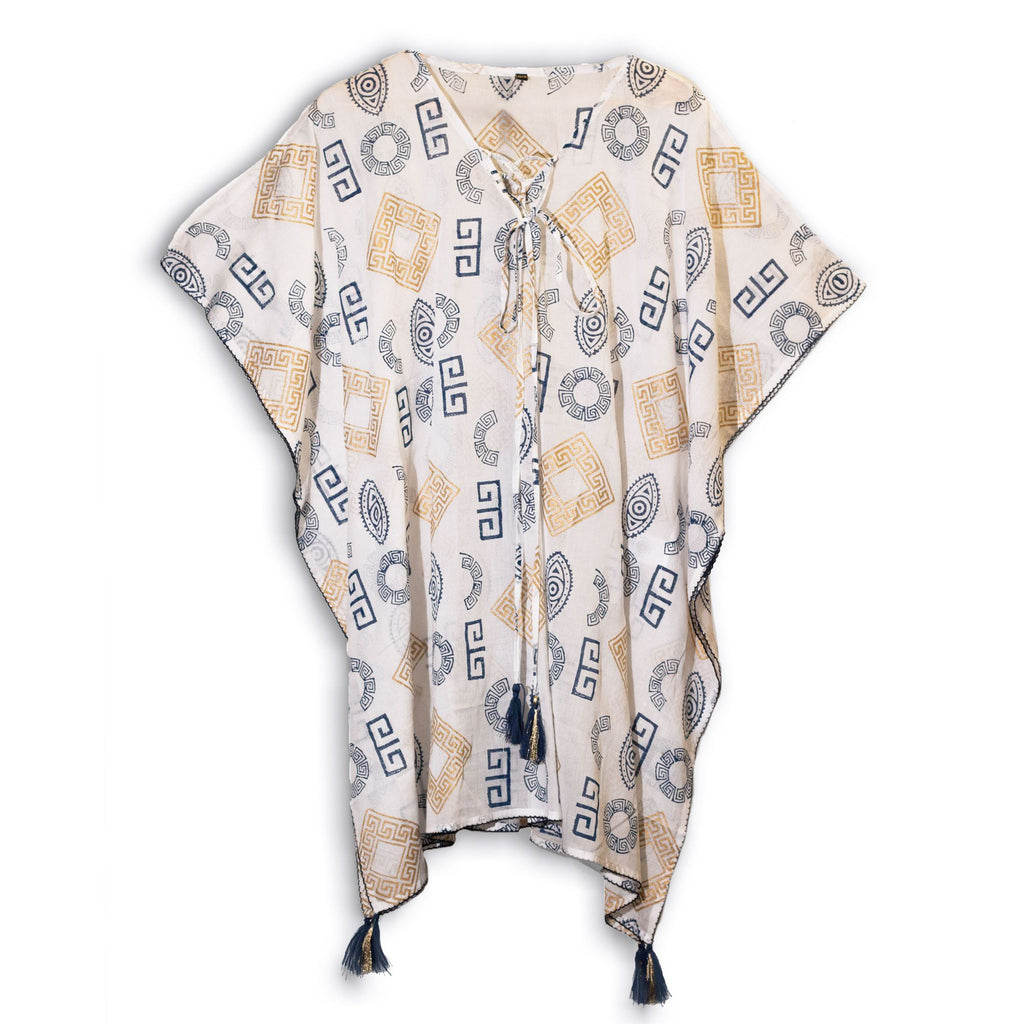 Kaftan Femme Motifs Grecs Or & Bleu Peint à la Main – Collection Nomad Sari Méditerranée