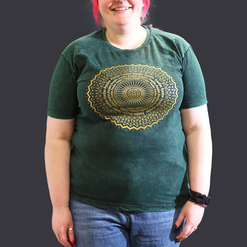 * T-Shirt en Coton Délavé Nomad Sari – Mandala – Vert – XL