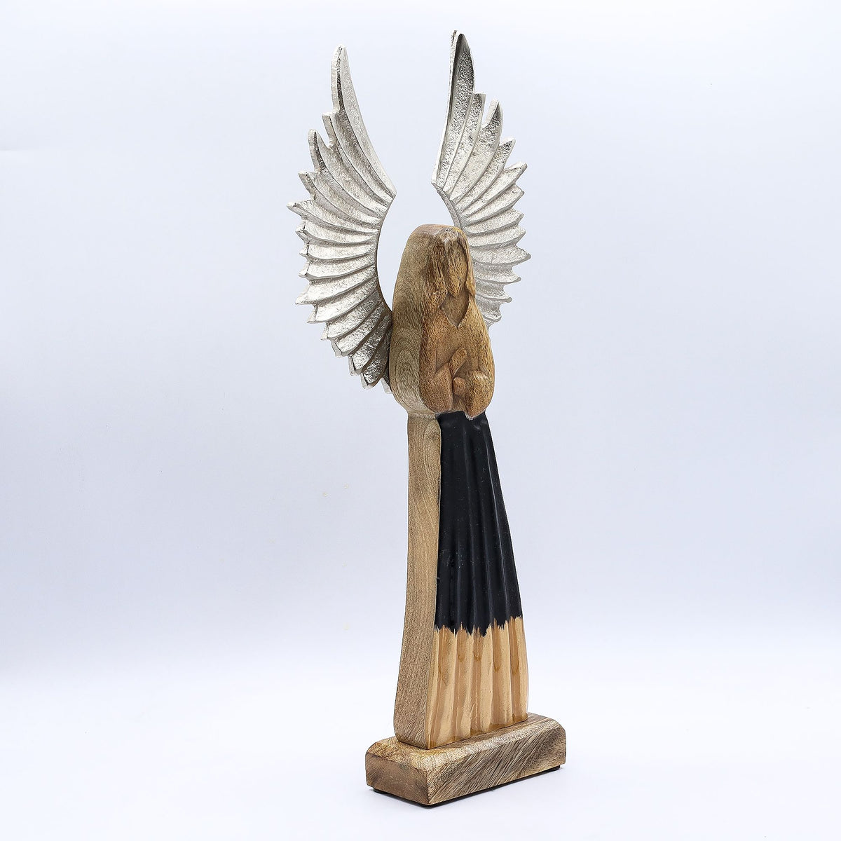 * Grand ange gardien en bois de manguier 40 cm – Ailes en métal et émail noir