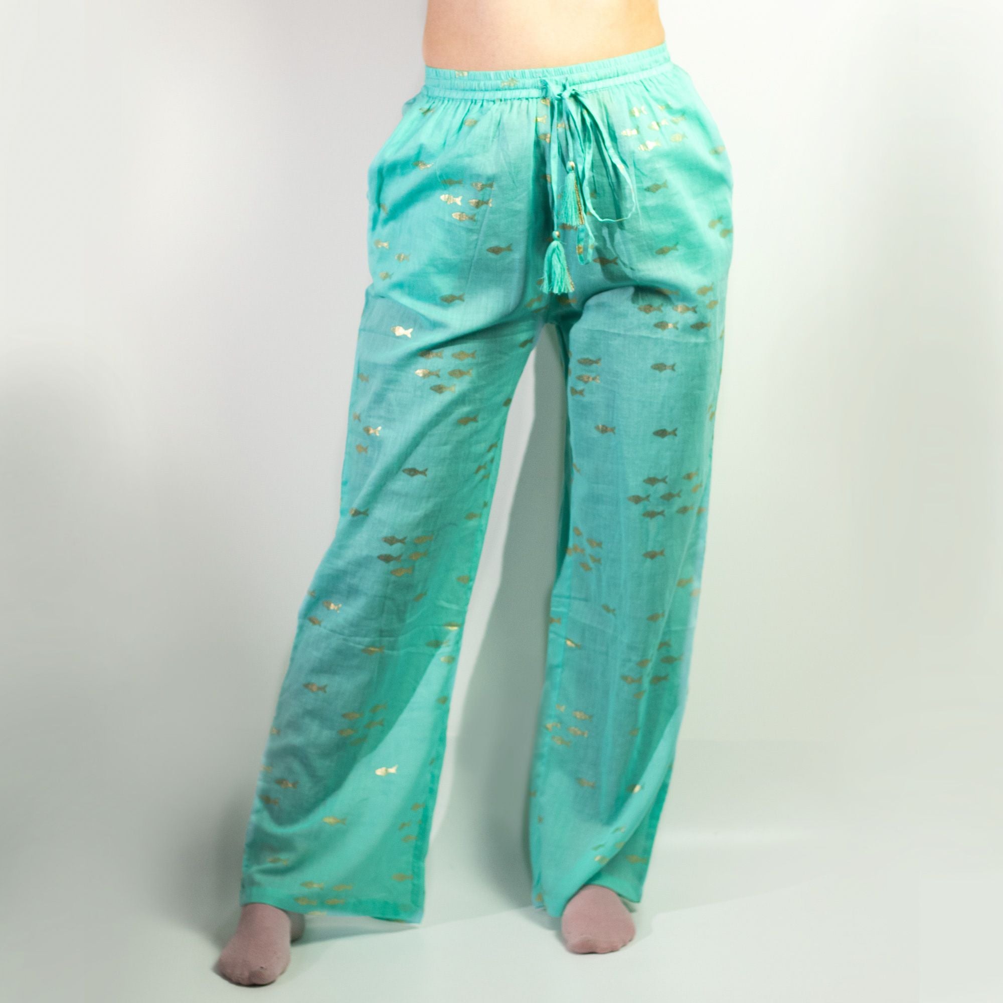 Pantalon Lounge Femme Turquoise & Poisson Doré – Collection Nomad Sari Méditerranée (L/XL)