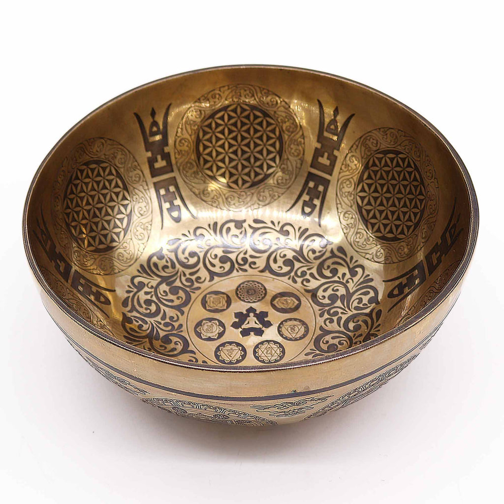 * Bol chantant tibétain gravé 7 chakras et Fleur de Vie, 21 cm