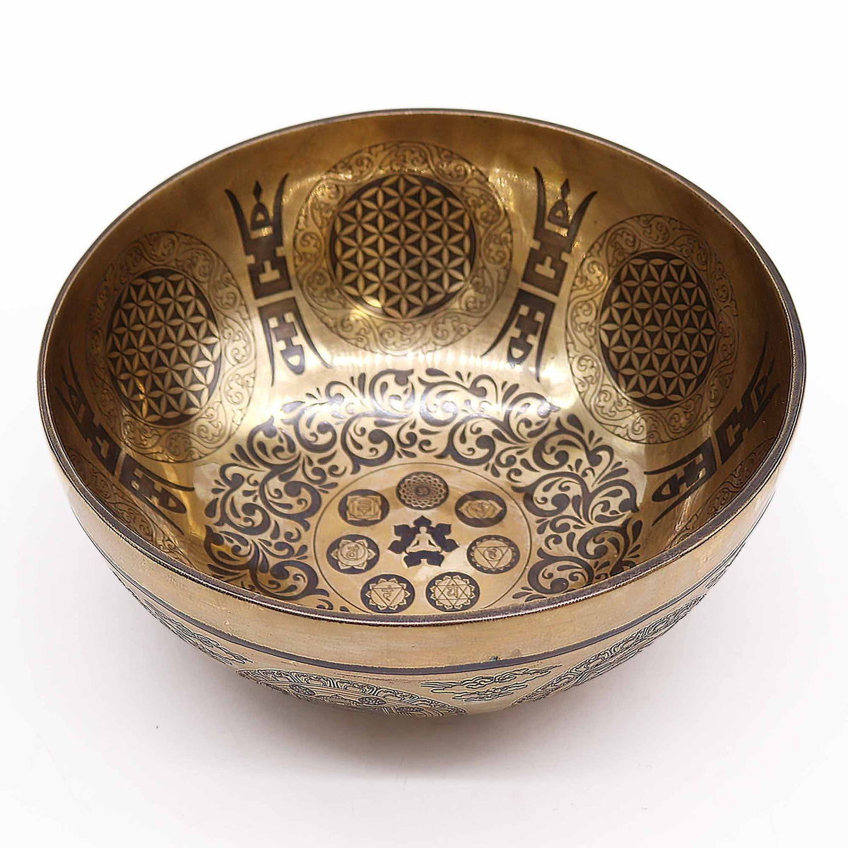* Bol chantant tibétain gravé 7 chakras et Fleur de Vie, 21 cm