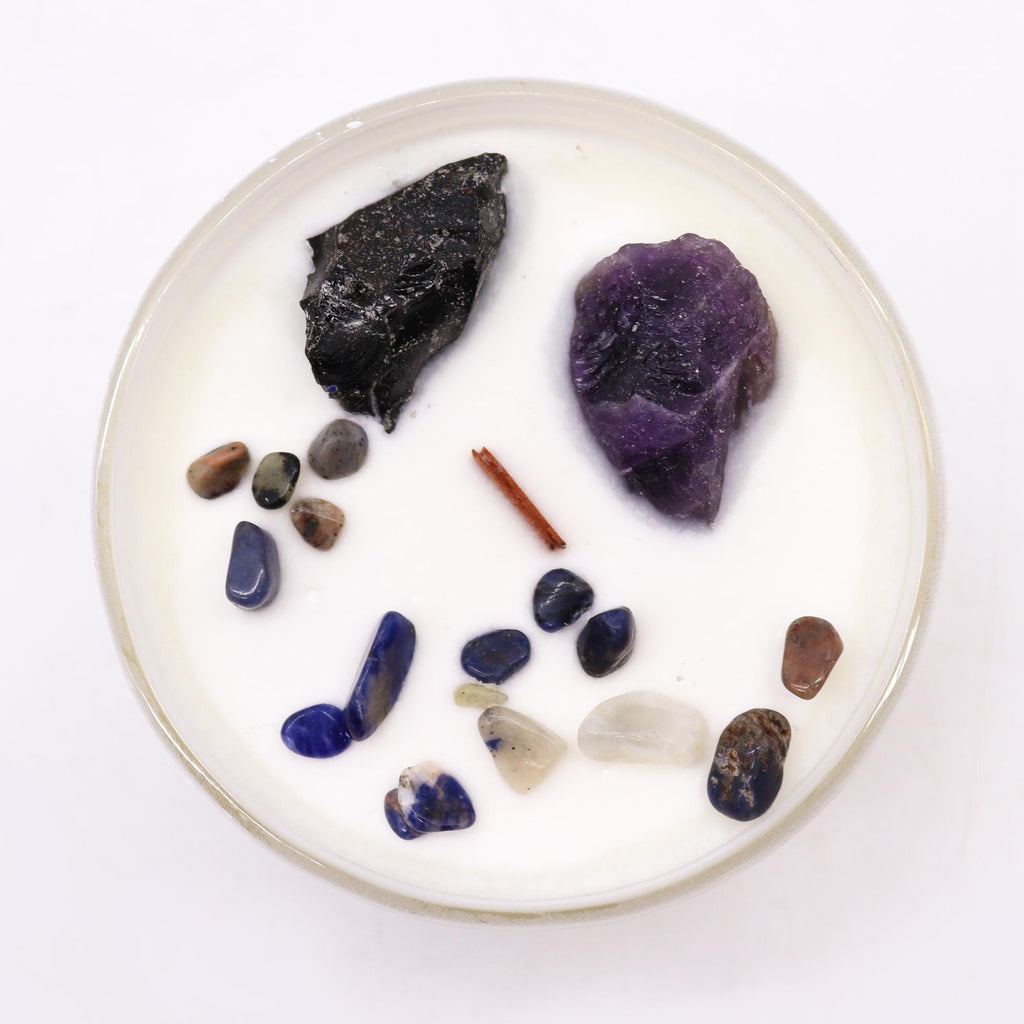 Bougie Cristal Chakra du Plexus Solaire – Améthyste & Agate Noire