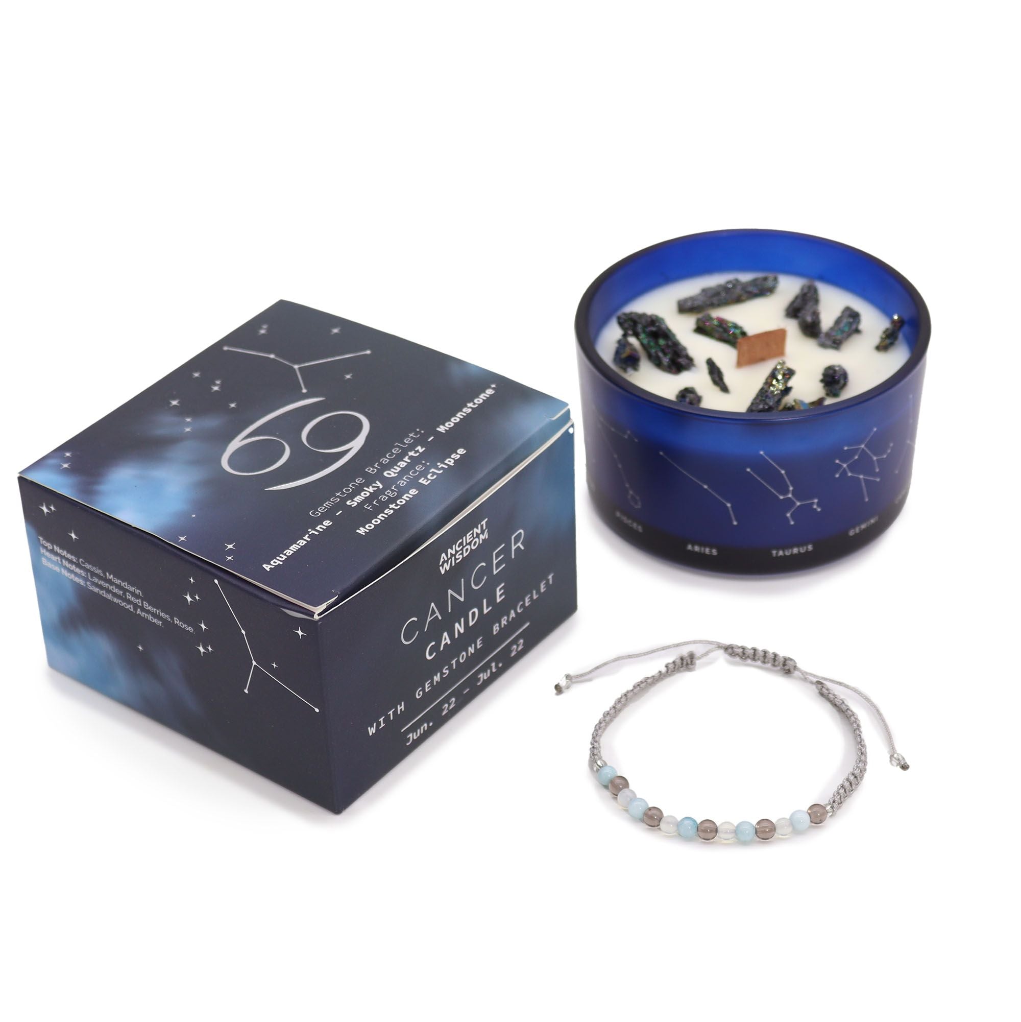 * Bougie Cristal Zodiaque avec Bracelet en Pierres Précieuses – Cancer