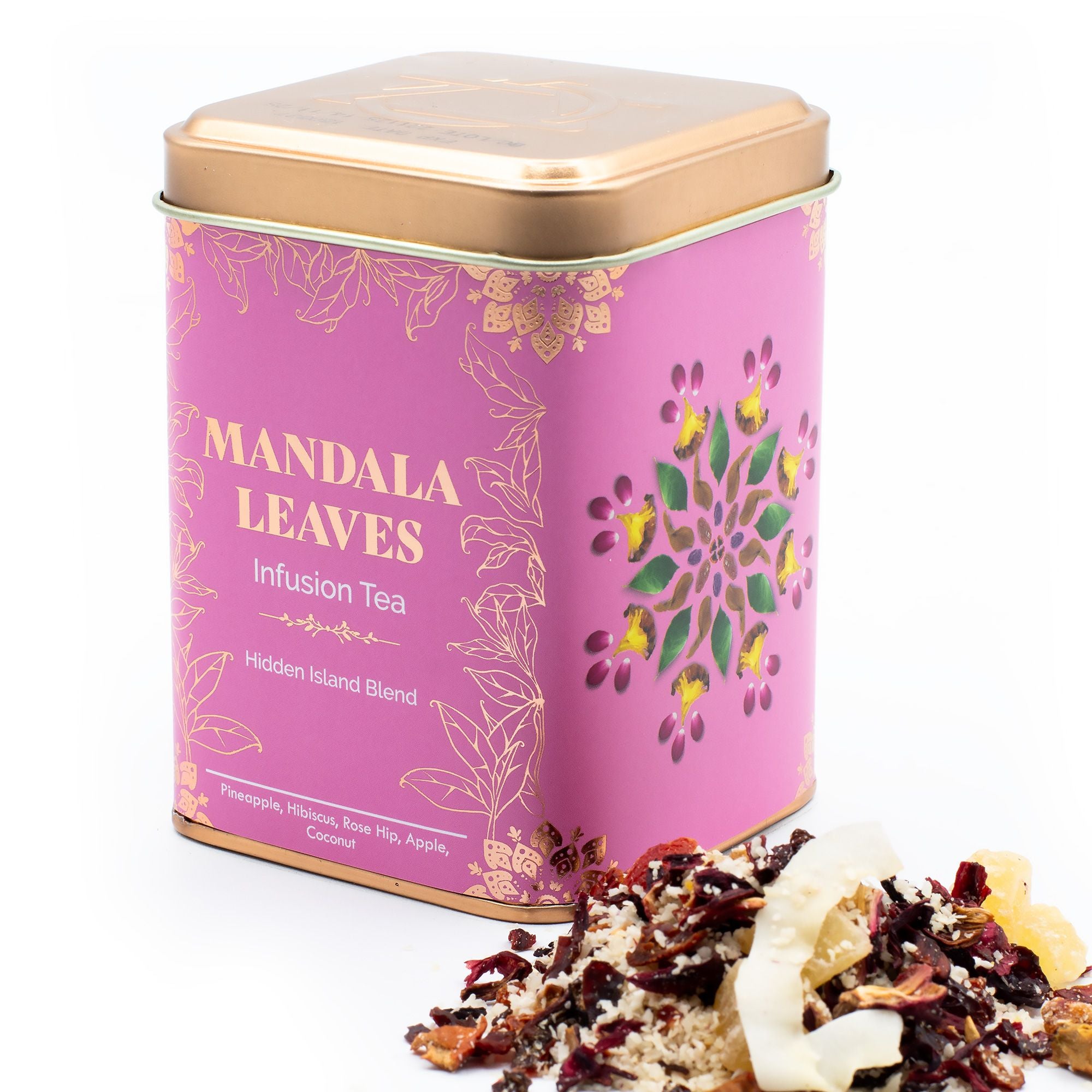 Thé Îles Cachées 50g – Infusion Ananas Noix de Coco Hibiscus | Boîte Métallique Tropicale
