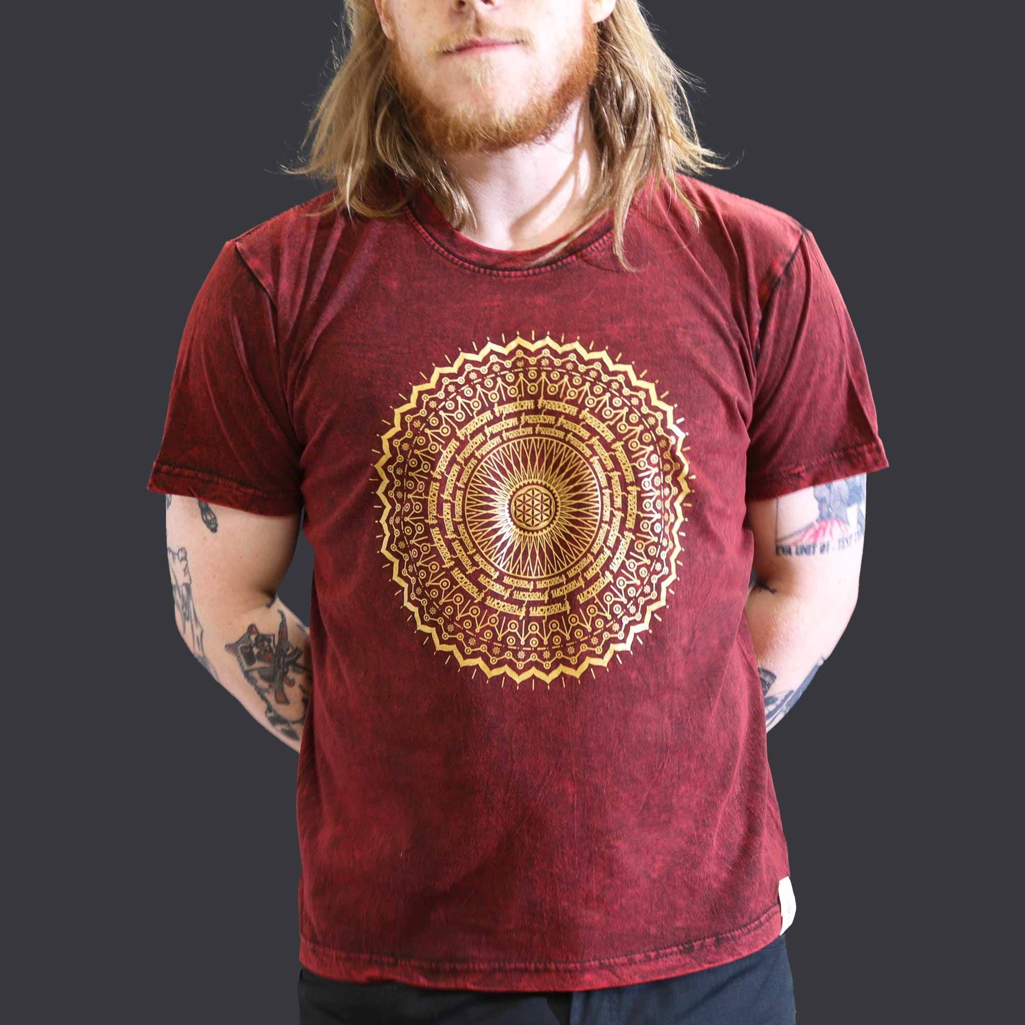 * T-Shirt en Coton Délavé Nomad Sari – Mandala – Bordeaux – L