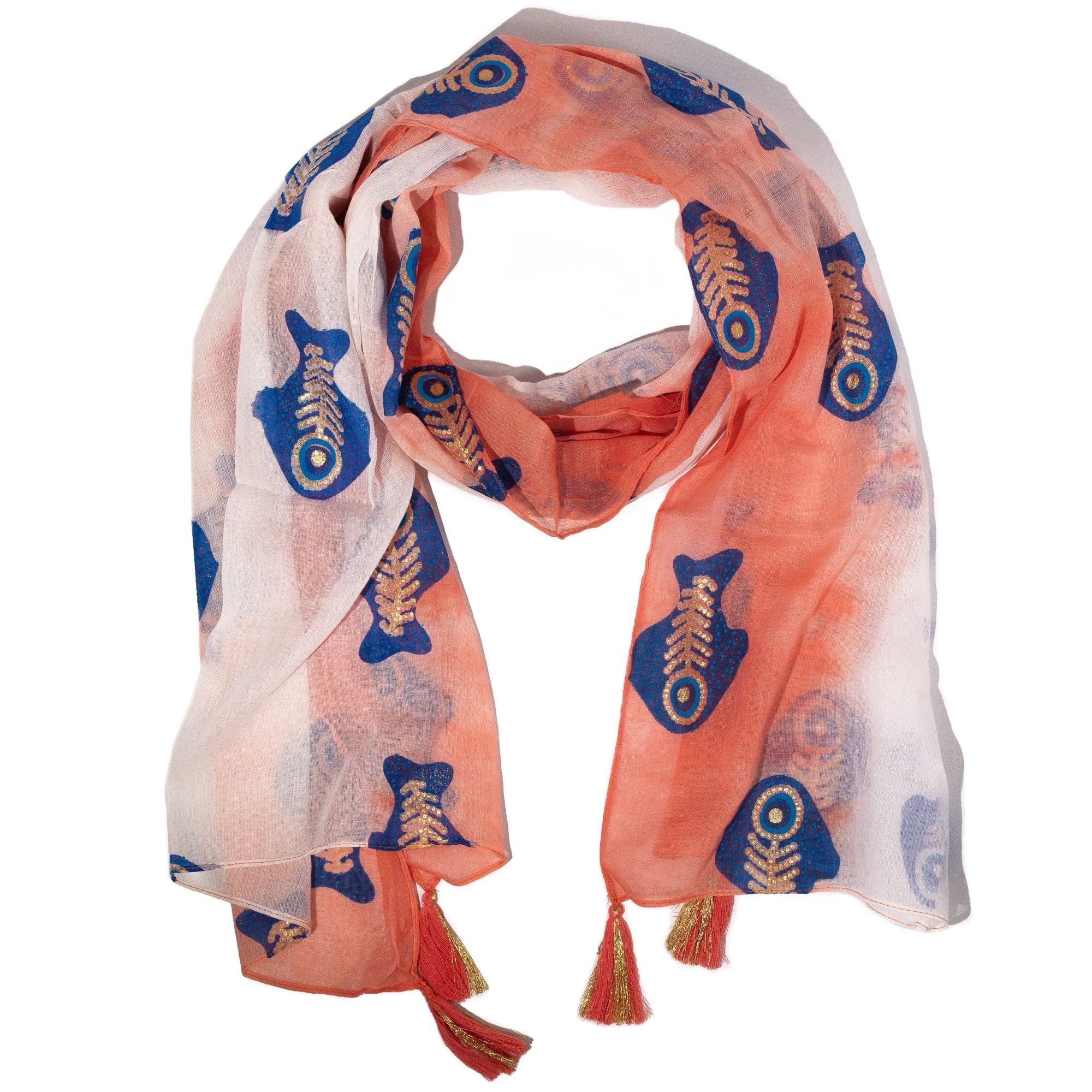 Foulard Femme Aqua Poisson Corail & Détails Dorés – Collection Nomad Sari Méditerranée (180x50cm)