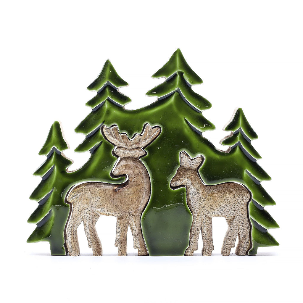 * Perdu dans la forêt – Décoration en bois 3D à deux cerfs – 18 × 23 cm