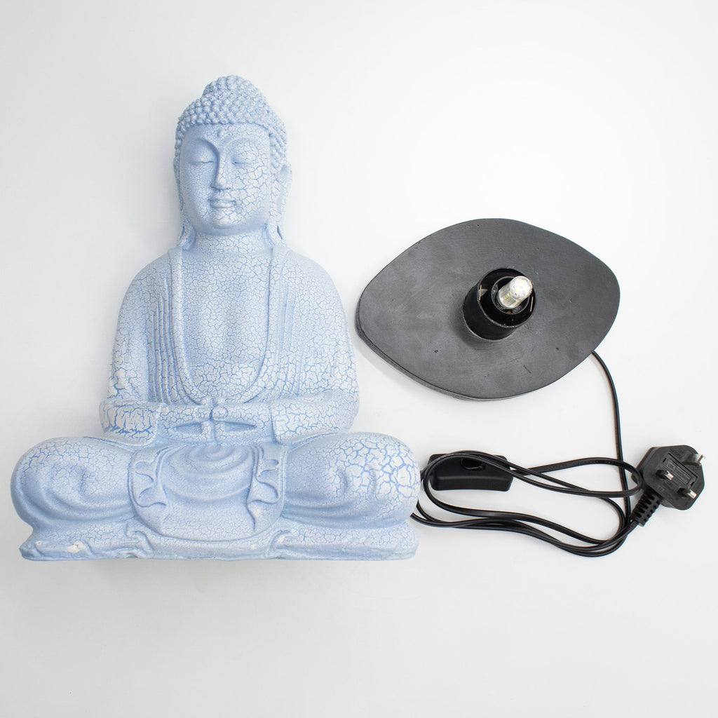* Lampe Bouddha en méditation – Bleu ciel et socle ovale