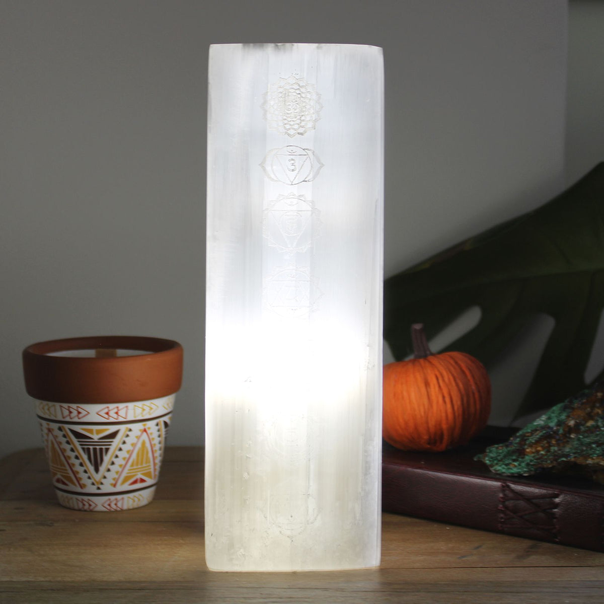 Lampe en bloc de sélénite – Chakras – 25 cm
