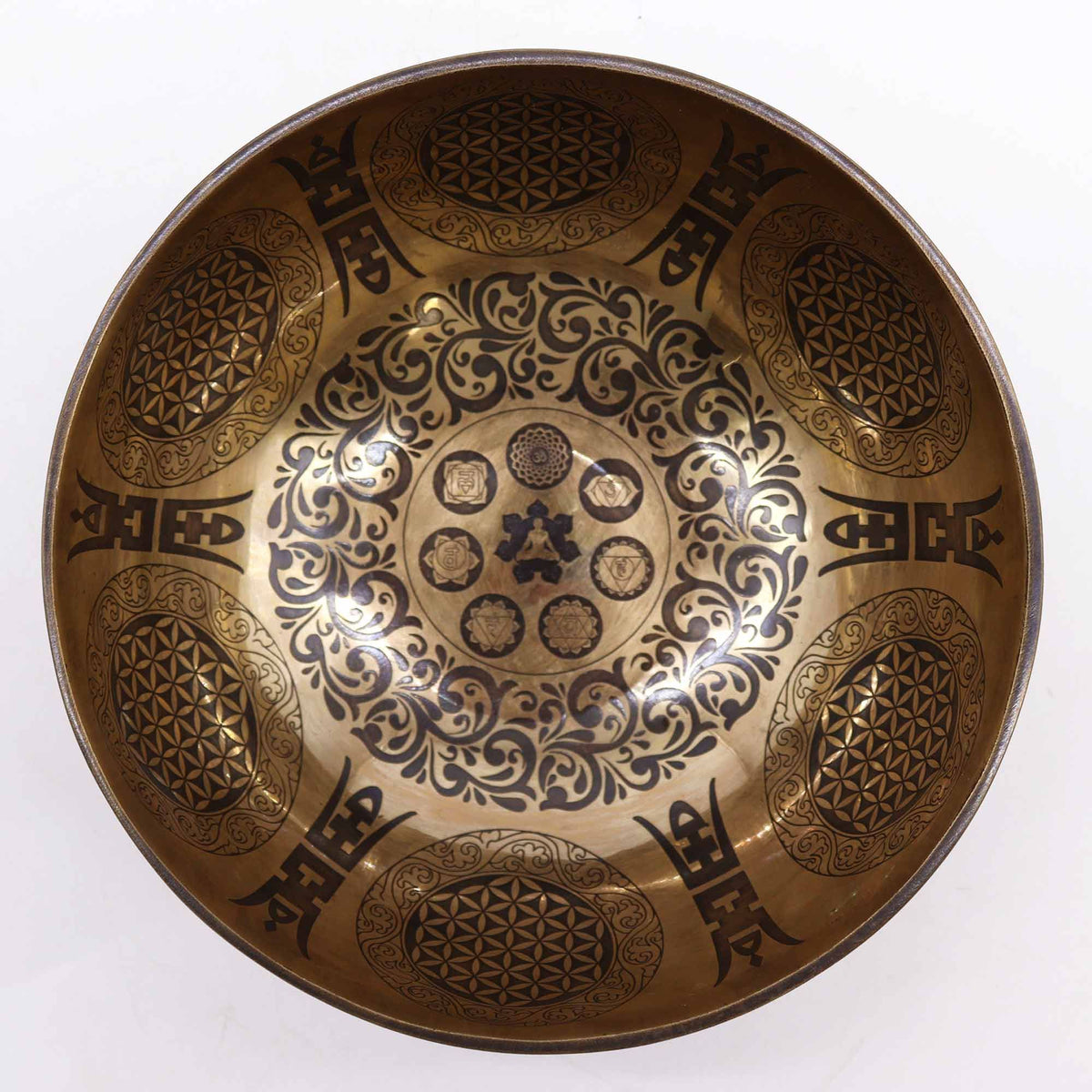 * Bol chantant tibétain gravé 7 chakras et Fleur de Vie, 21 cm