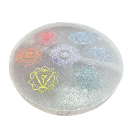 Plaque de rechargement en sélénite motif chakras coloré, 10 cm