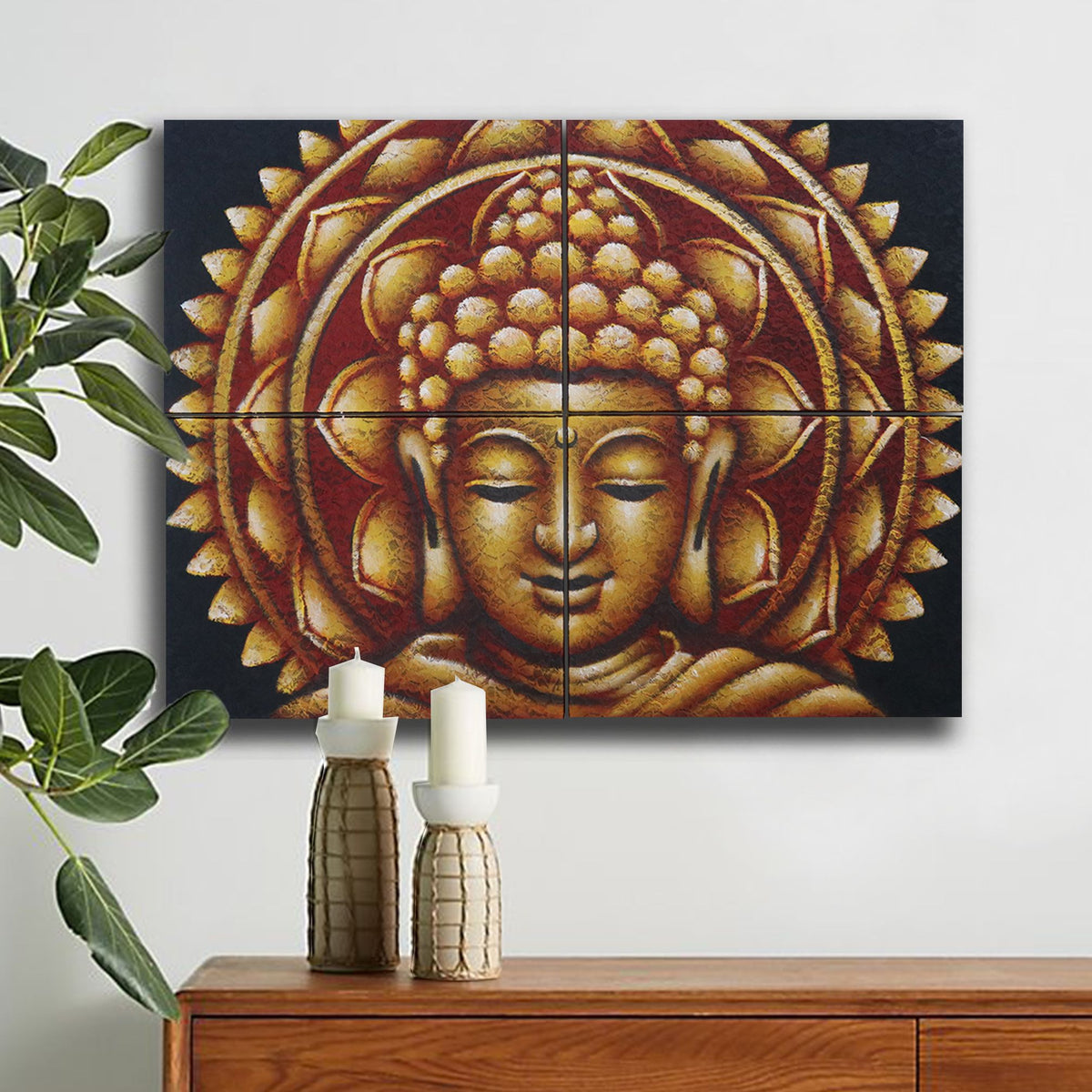 * Tableaux Bouddha doré et mandala avec détails de brocart, 30 × 40 cm × 4