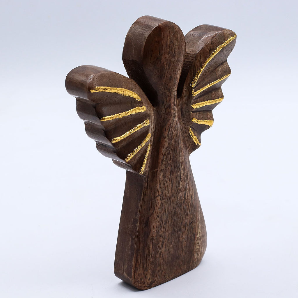 * Grand ange en bois de manguier 19 cm – Décor doré