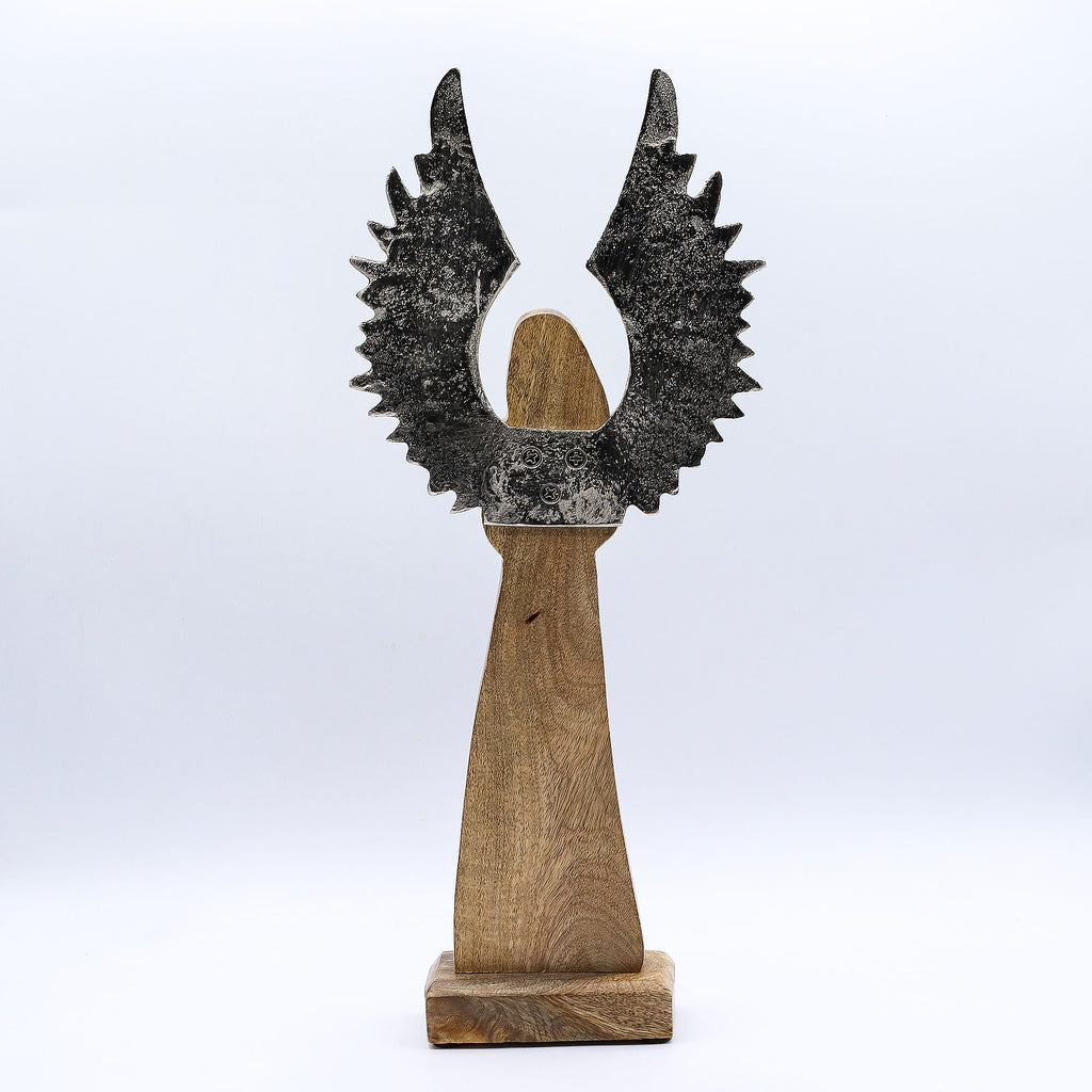 * Grand ange gardien en bois de manguier 40 cm – Ailes en métal et émail noir
