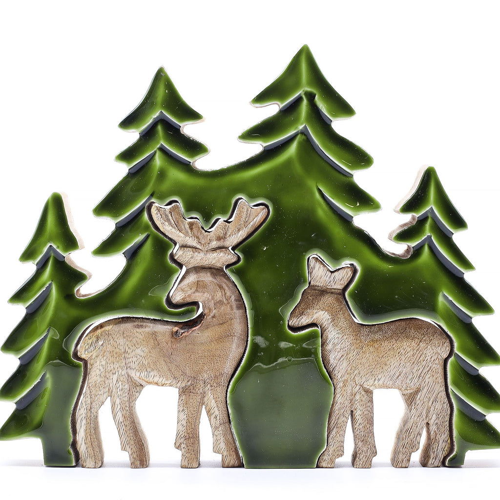 * Perdu dans la forêt – Décoration en bois 3D à deux cerfs – 18 × 23 cm