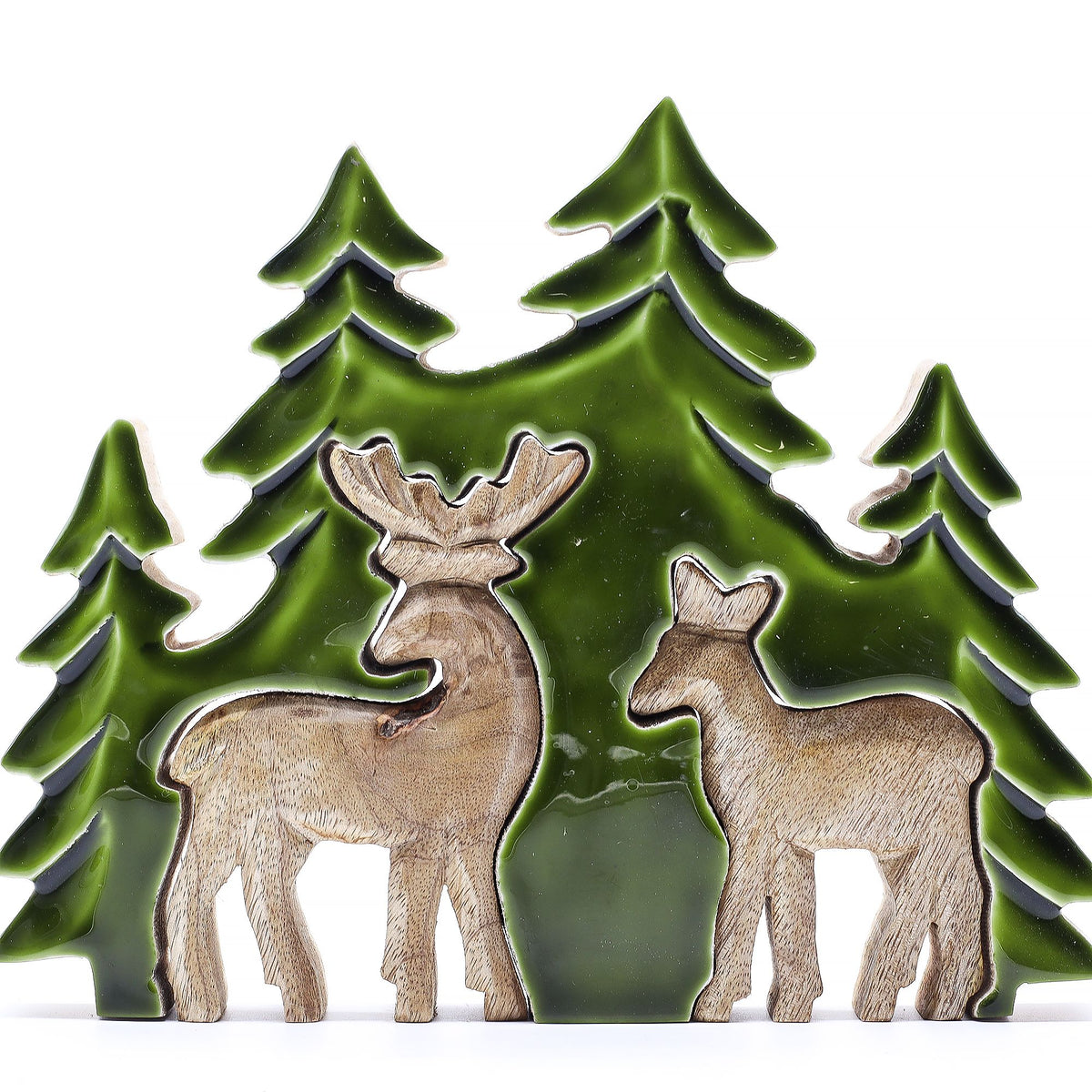 * Perdu dans la forêt – Décoration en bois 3D à deux cerfs – 18 × 23 cm