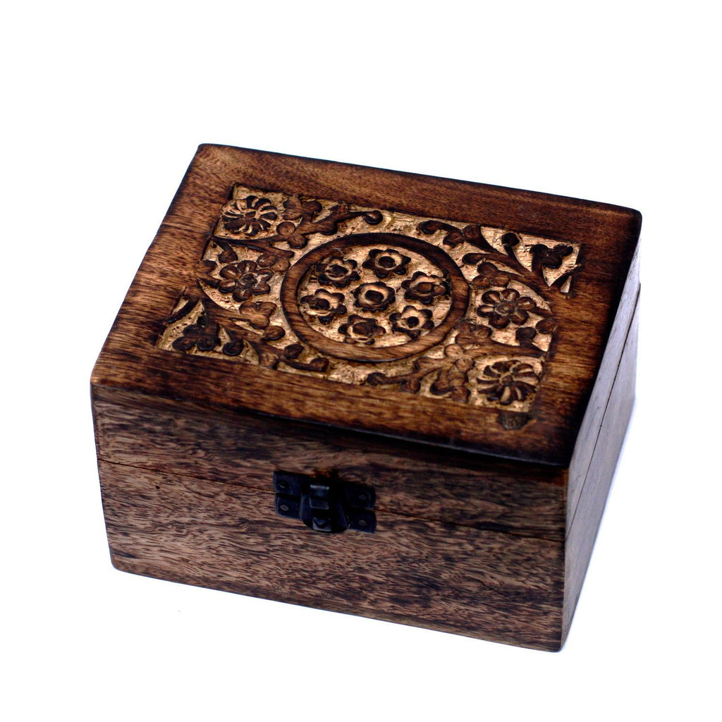 * Coffret d’aromathérapie en bois de manguier – Motifs floraux – 12 flacons