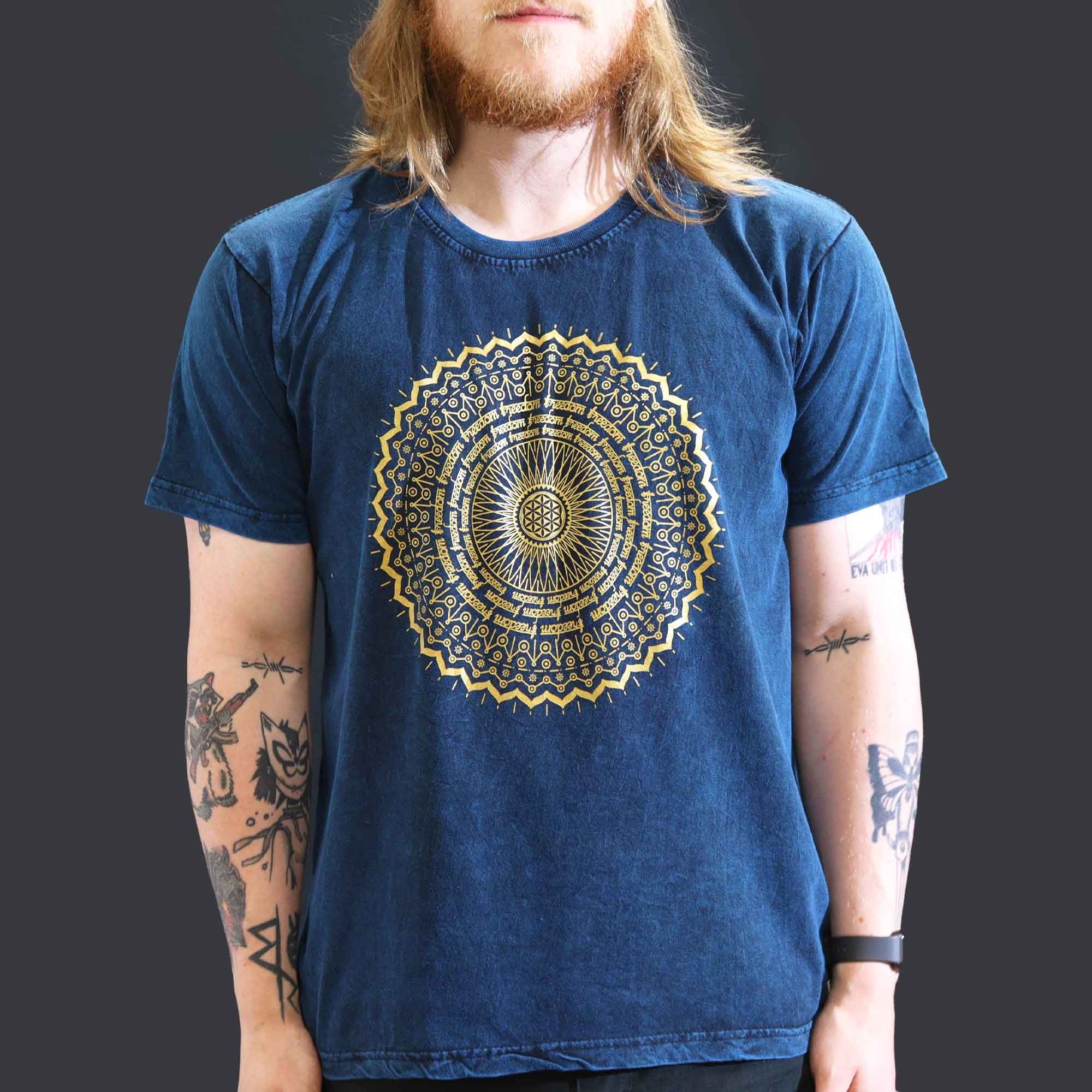 * T-Shirt en Coton Délavé Nomad Sari – Mandala – Bleu – L