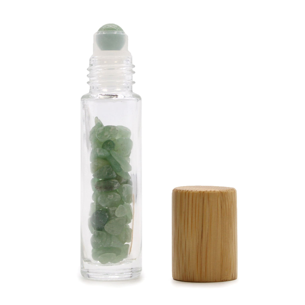 * Flacon roll-on pour huiles essentielles en aventurine – 5 ml, bouchon en bois et bille en aventurine