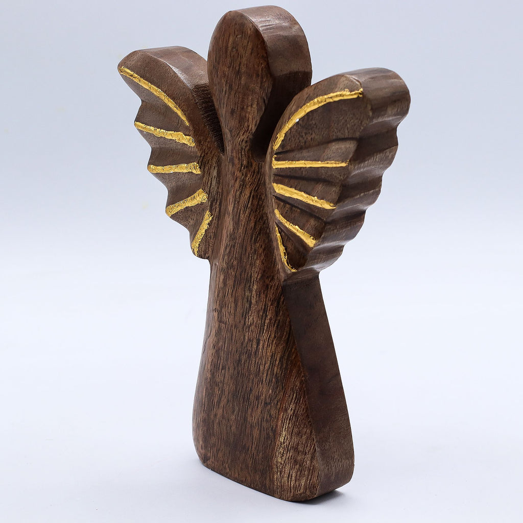 * Grand ange en bois de manguier 19 cm – Décor doré